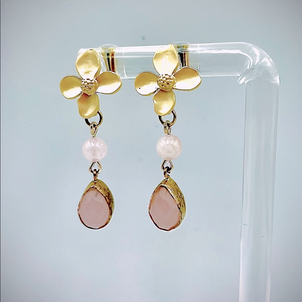 Natural Rose Quartz dangle drop brass earrings